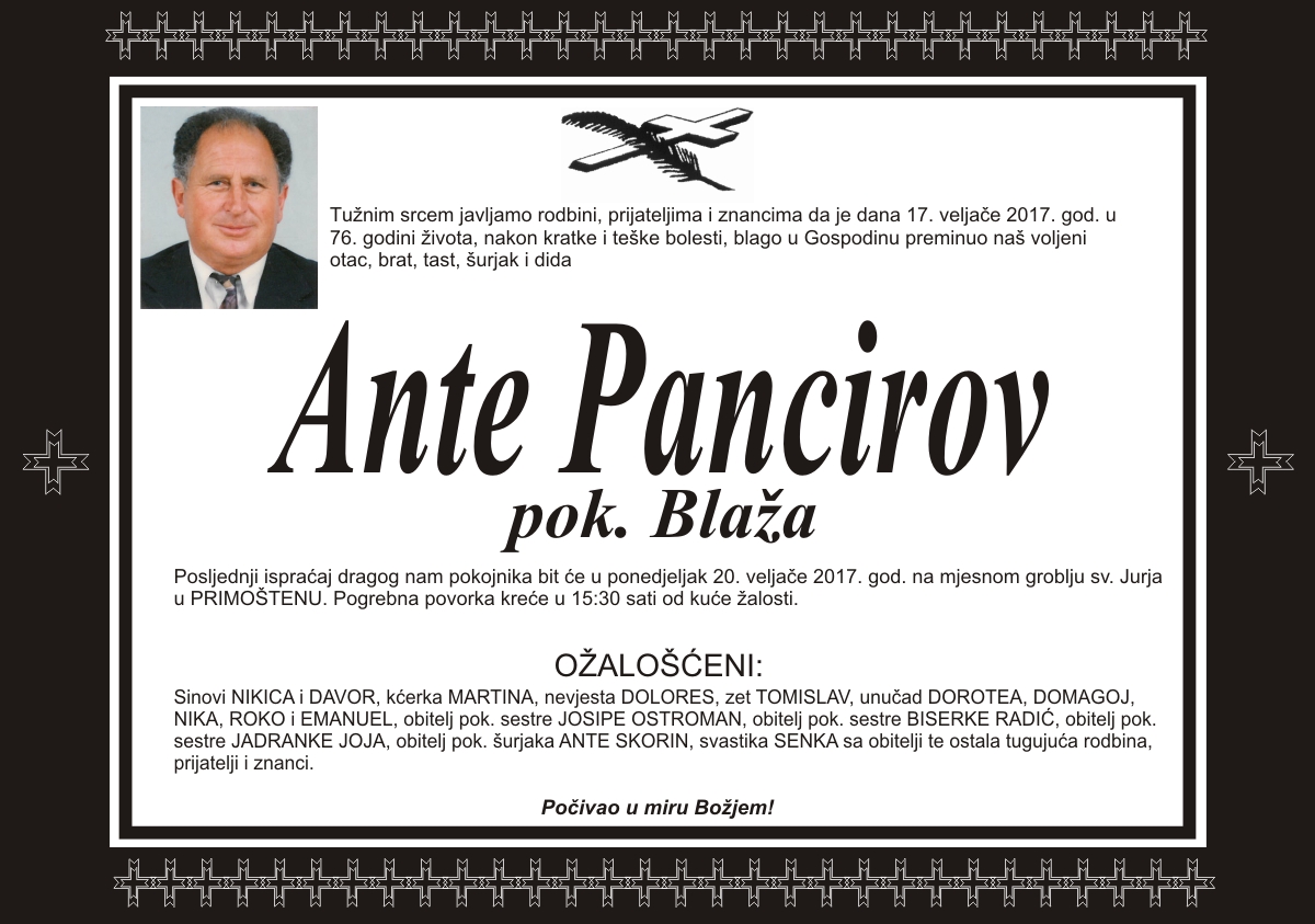 Umro Ante Pancirov - pok. Blaža