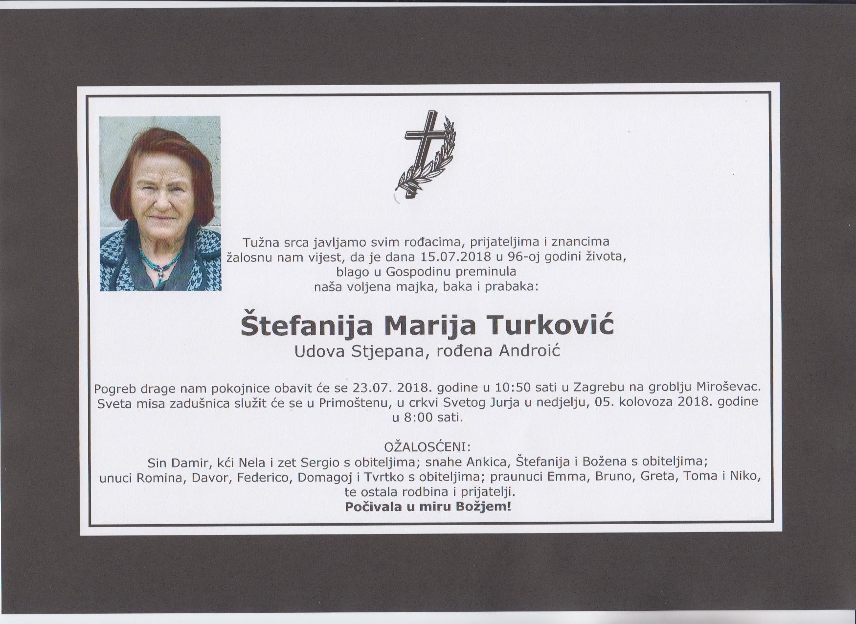 Umrla Štefanija Marija Turković
