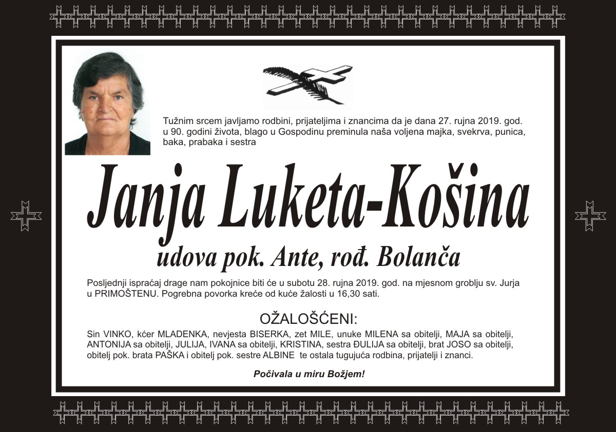 Umrla Janja Luketa - Košina