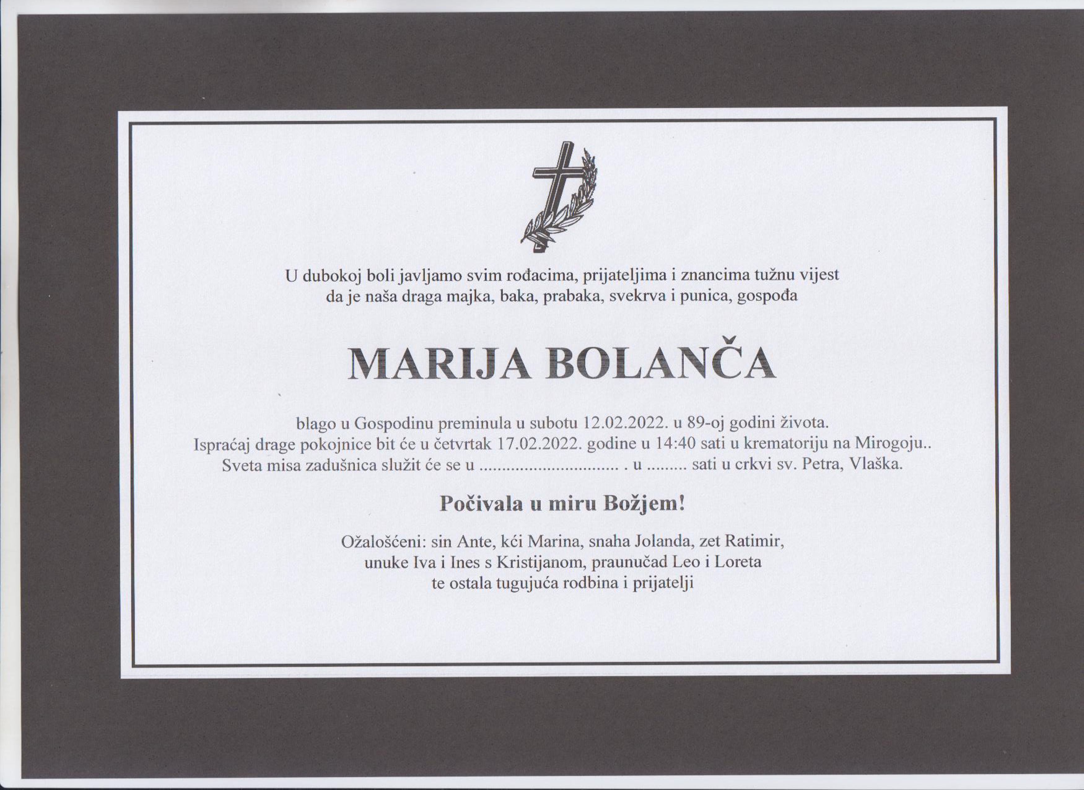 Umrla Marija Bolanča 