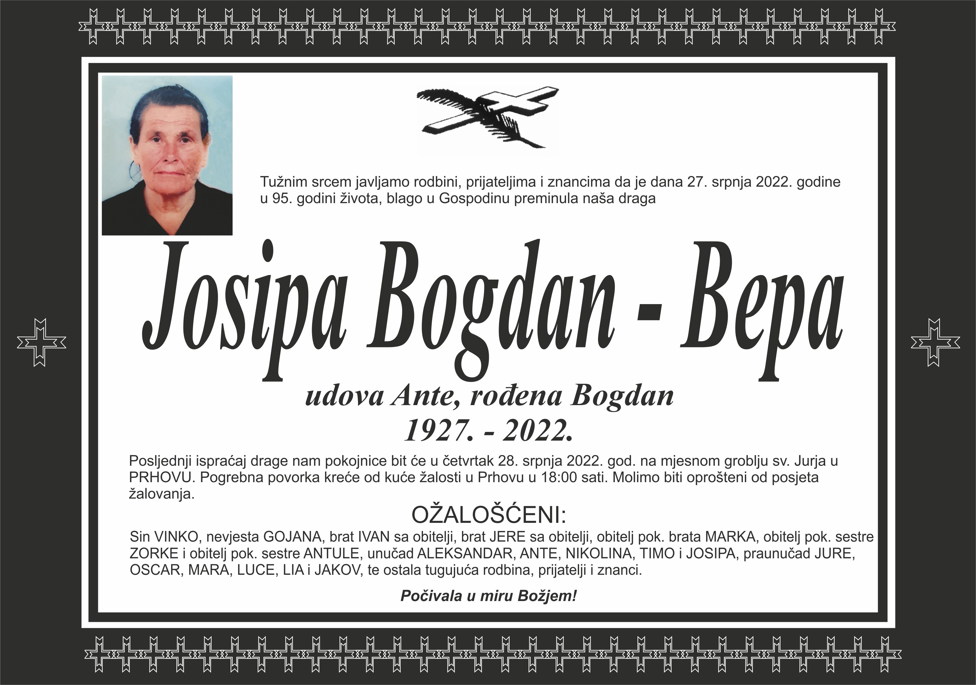 Umrla Josipa Bogdan - Bepa