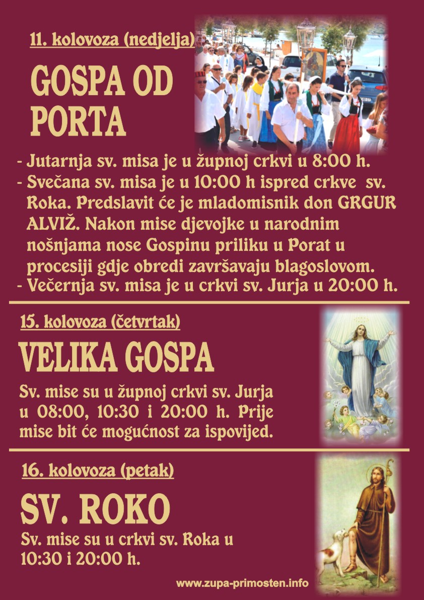 Program proslave blagdana Gospe od Porta, Velike Gospe te blagdana sv. Roka  