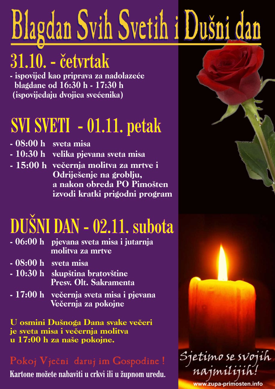 Raspored događanja povodom proslave blagdana Svih Svetih i Dušnog dana