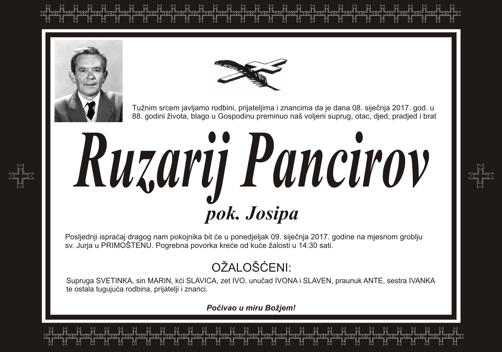 Umro Ruzarij Pancirov pok. Josipa