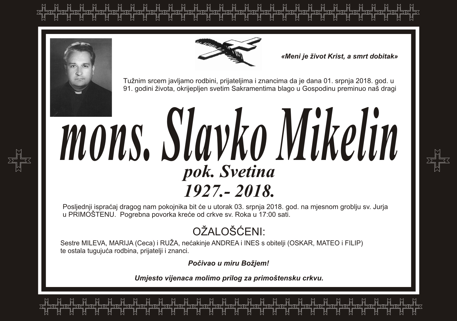 Umro mons. Slavko Mikelin 