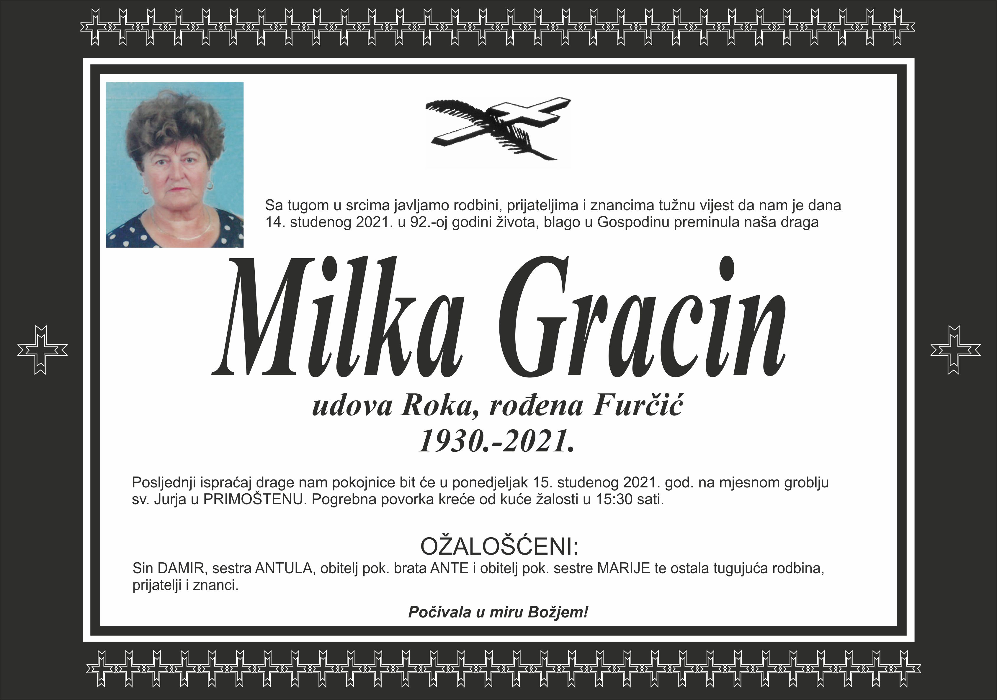 Umrla Milka Gracin