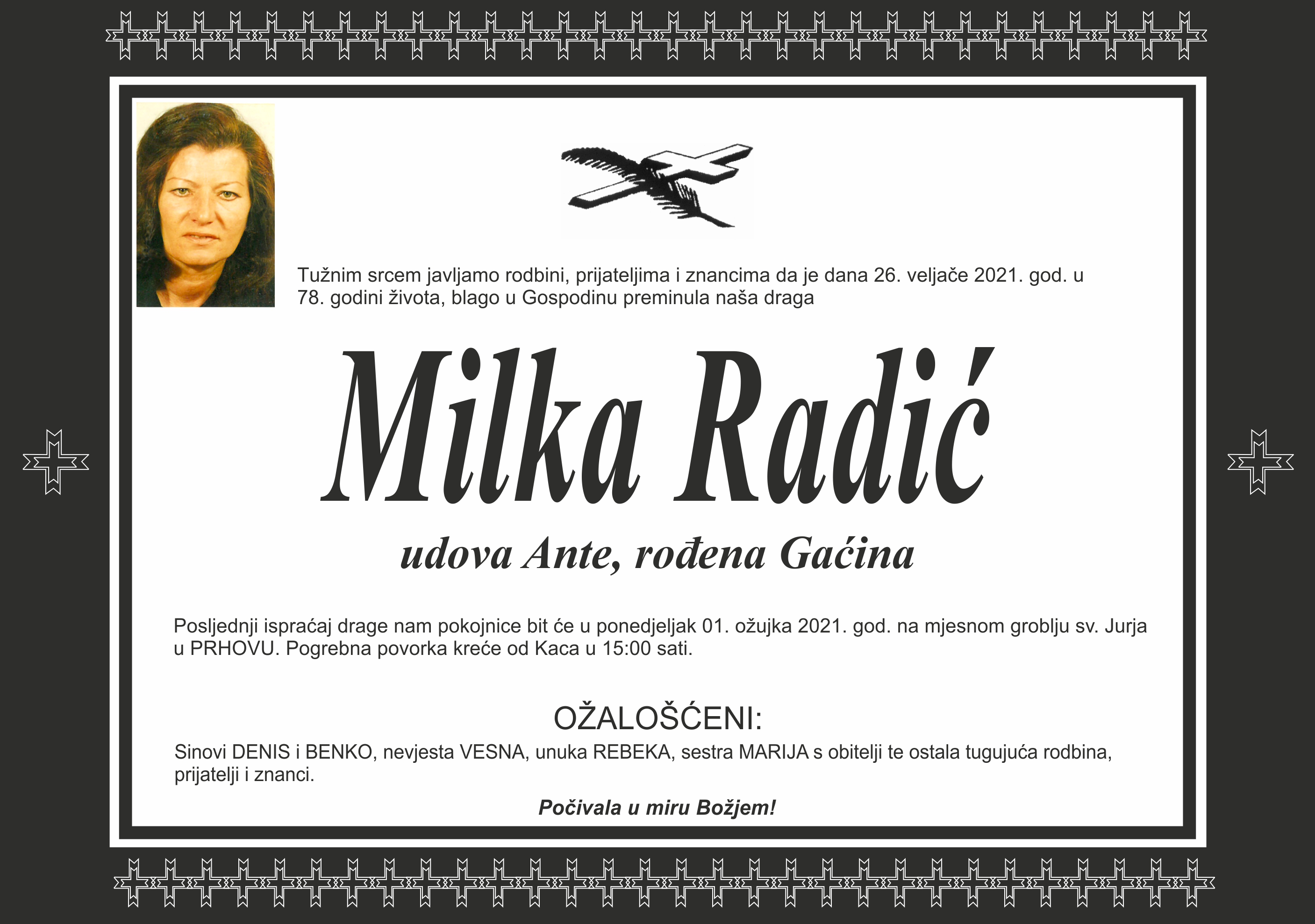 Umrla Milka Radić