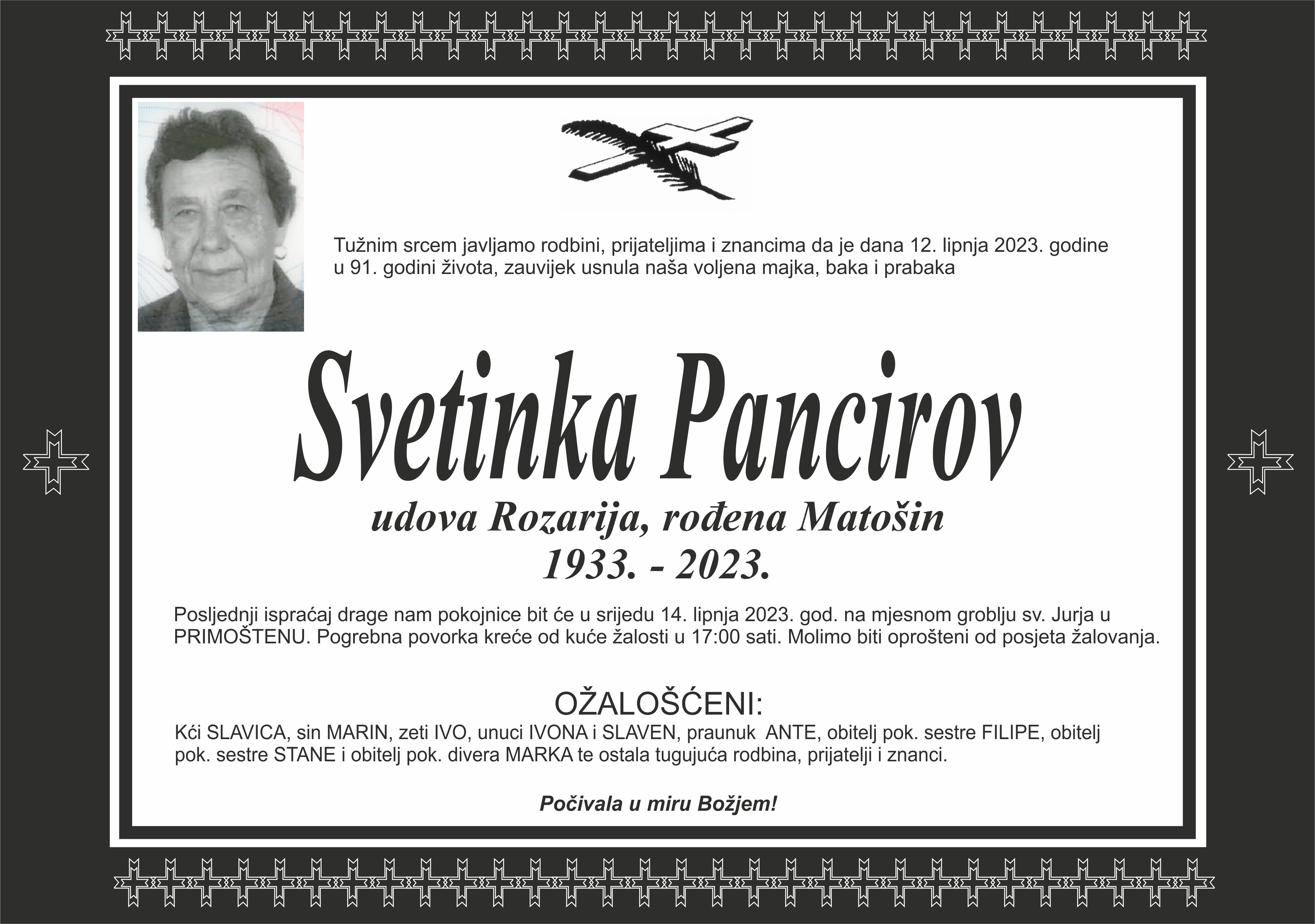 Umrla Svetinka Pancirov